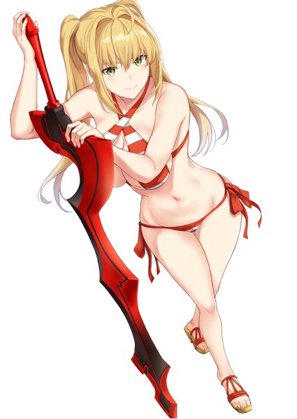 Anime picture 1003x1417 with fate (series) fate/grand order nero claudius (fate) (all) nero claudius (swimsuit caster) (fate) terry single long hair tall image looking at viewer fringe breasts light erotic blonde hair simple background hair between eyes large breasts standing white background twintails holding