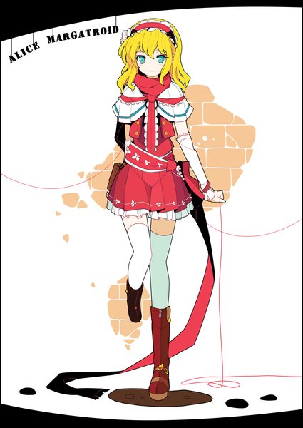 Anime picture 1111x1569 with touhou alice margatroid ideolo single tall image short hair blonde hair aqua eyes inscription alternate costume girl thighhighs detached sleeves white thighhighs boots hairband thread red thread