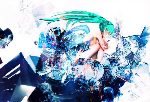 Anime picture 1200x821 with vocaloid hatsune miku single long hair fringe light erotic twintails eyes closed nude aqua hair abstract girl