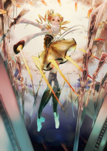 Anime picture 1062x1500 with mahou shoujo madoka magica shaft (studio) tomoe mami jojotaro tall image blonde hair yellow eyes drill hair curly hair girl thighhighs dress ribbon (ribbons) weapon rifle