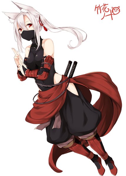 Anime picture 1072x1500 with original takehana note single long hair tall image fringe simple background hair between eyes red eyes white background bare shoulders signed animal ears payot silver hair full body traditional clothes japanese clothes dutch angle fox ears