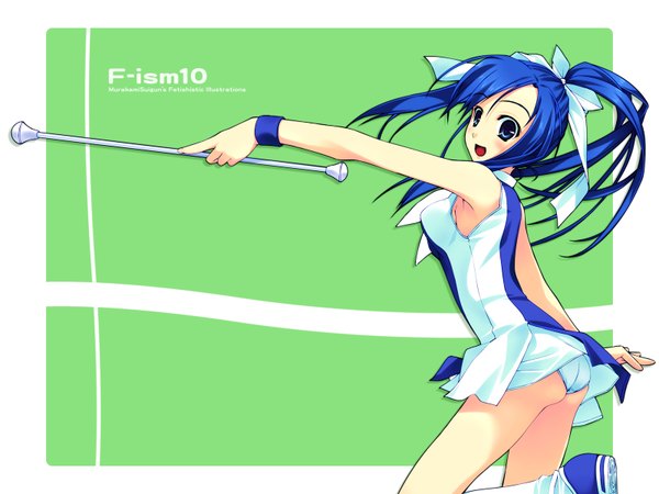 Anime picture 1600x1200 with original f-ism blue haired girl (murakami suigun) murakami suigun single long hair blue eyes light erotic payot blue hair ass ponytail pantyshot outstretched arm green background girl underwear panties bow hair bow