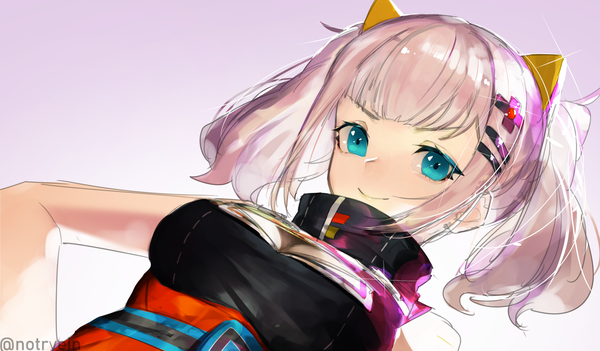 Anime picture 1526x894 with virtual youtuber the moon studio kaguya luna ryein single looking at viewer fringe short hair breasts simple background smile wide image twintails signed payot silver hair aqua eyes sparkle hand on hip twitter username