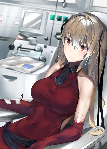Anime picture 1587x2207 with original araido kagiri single long hair tall image blush fringe breasts blonde hair hair between eyes red eyes large breasts sitting bare shoulders looking away indoors fang (fangs) two side up dutch angle covered navel