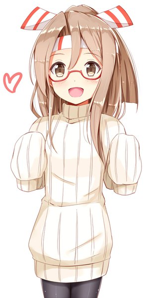 Anime picture 1000x1895 with kantai collection zuihou light aircraft carrier aikawa ryou single long hair tall image blush open mouth simple background smile brown hair white background brown eyes looking away long sleeves happy girl pantyhose glasses heart