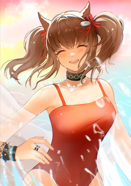 Anime-Bild 1080x1528 mit arknights angelina (arknights) angelina (summer flowers) (arknights) ufoliving single long hair tall image brown hair twintails animal ears outdoors eyes closed official alternate costume ^ ^ ^o^ girl ribbon (ribbons) swimsuit hair ribbon ring