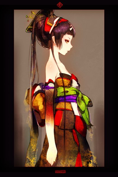 Anime picture 720x1080 with original yuranpo single long hair tall image looking at viewer fringe red eyes standing bare shoulders red hair traditional clothes japanese clothes profile horn (horns) pointy ears grey background orange eyes border demon girl