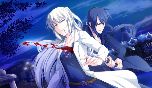 Anime picture 2660x1540 with sinclient reesaa long hair highres blue eyes black hair wide image game cg white hair girl boy weapon sword katana blood