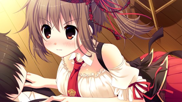 Anime picture 1280x720 with love sweets ichinose yui blush short hair red eyes brown hair wide image bare shoulders game cg couple girl dress boy ribbon (ribbons) hair ribbon
