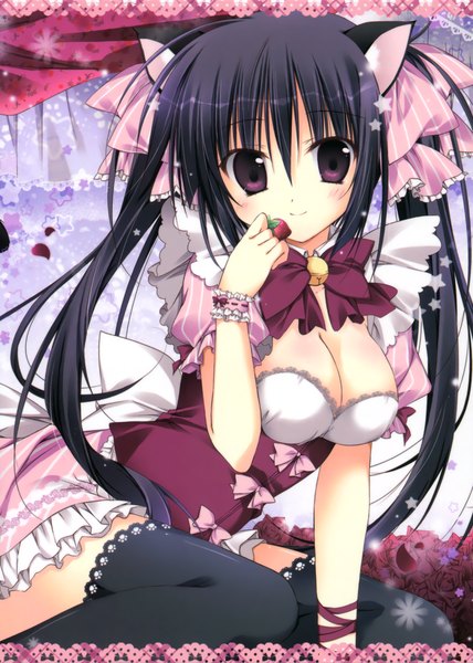 Anime picture 2352x3300 with korie riko single long hair tall image looking at viewer blush highres black hair purple eyes twintails animal ears cleavage cat ears scan cat girl girl thighhighs dress bow black thighhighs