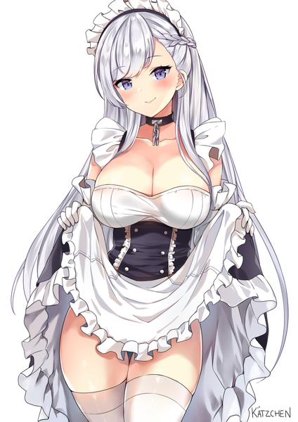Anime picture 796x1126 with azur lane belfast (azur lane) kaetzchen single long hair tall image looking at viewer blush fringe breasts light erotic simple background smile large breasts standing white background purple eyes holding signed cleavage