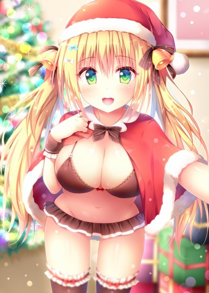 Anime picture 900x1262 with original suzukawa yui single long hair tall image looking at viewer blush fringe breasts open mouth light erotic blonde hair smile hair between eyes large breasts standing twintails green eyes payot cleavage