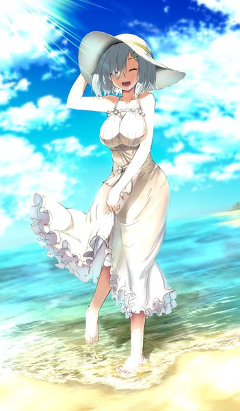 Anime picture 2202x3758 with kantai collection hamakaze destroyer caesar8149 single tall image highres short hair breasts open mouth large breasts bare shoulders sky silver hair cloud (clouds) eyes closed barefoot alternate costume happy horizon girl