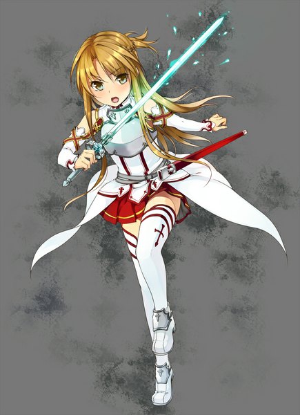 Anime picture 726x1000 with sword art online a-1 pictures yuuki asuna unasaka ryou single long hair tall image blush open mouth brown hair brown eyes girl thighhighs skirt weapon detached sleeves white thighhighs sword