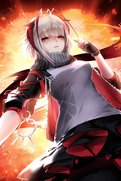 Anime picture 1365x2048 with arknights w (arknights) nguyen ree single tall image looking at viewer fringe short hair yellow eyes silver hair nail polish horn (horns) from below red nail polish girl