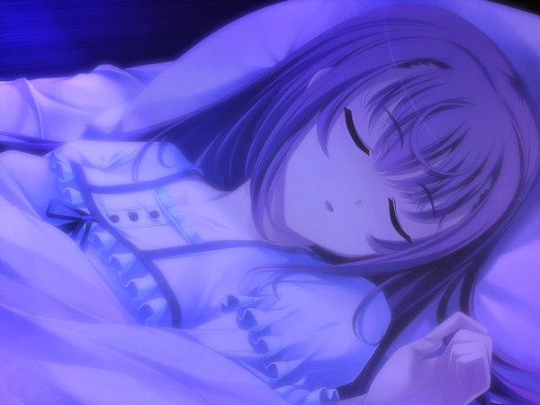 Anime picture 1600x1200 with tenshi no hane wo fumanaide long hair game cg purple hair eyes closed sleeping girl