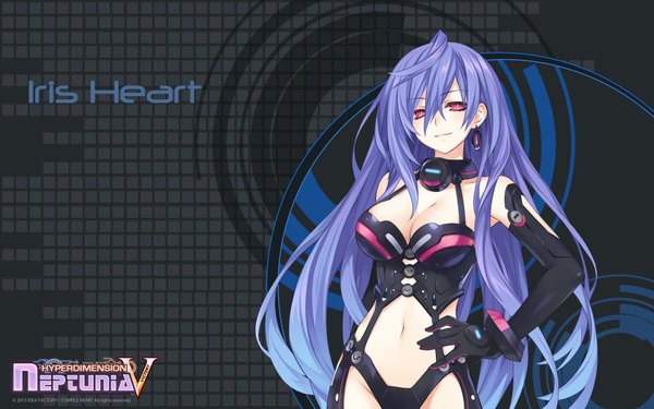 Anime picture 1920x1200 with choujigen game neptune iris heart pururut tsunako single long hair looking at viewer fringe highres breasts light erotic hair between eyes large breasts standing bare shoulders payot cleavage purple hair ahoge pink eyes