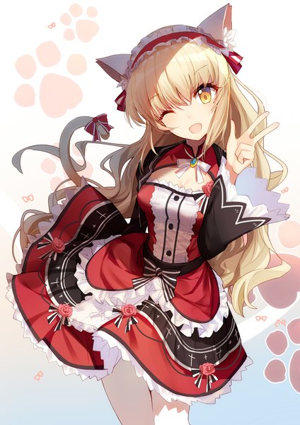 Anime picture 800x1131 with bison cangshu single long hair tall image looking at viewer blush fringe breasts open mouth blonde hair hair between eyes standing animal ears yellow eyes cleavage tail head tilt animal tail one eye closed wink