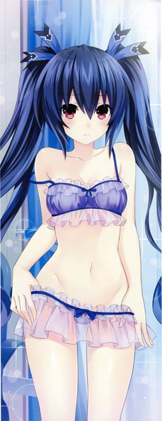 Anime picture 2681x6950 with choujigen game neptune shin jigen game neptune vii noire tsunako single long hair tall image looking at viewer blush fringe highres breasts light erotic hair between eyes red eyes standing twintails bare shoulders blue hair scan