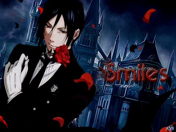 Anime picture 1600x1200 with kuroshitsuji a-1 pictures sebastian michaelis looking at viewer short hair black hair smile red eyes inscription boy gloves flower (flowers) petals rose (roses) feather (feathers) suit castle