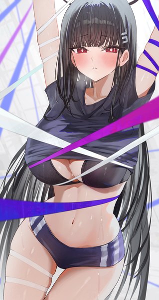 Anime picture 1810x3400 with blue archive rio (blue archive) hidulume single long hair tall image looking at viewer blush fringe highres breasts light erotic black hair simple background red eyes large breasts standing white background parted lips arms up