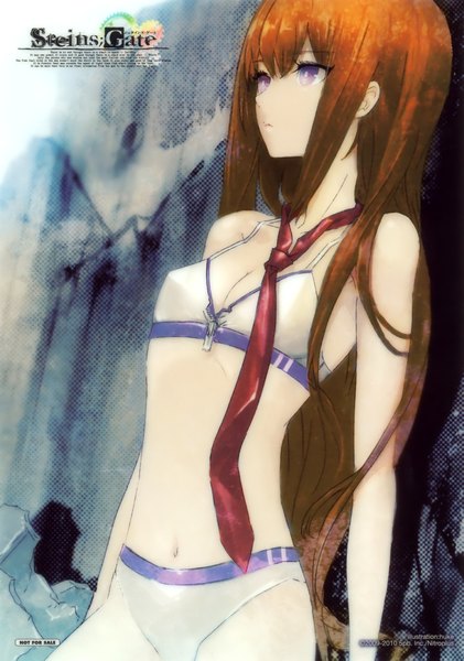 Anime picture 1404x2000 with steins;gate white fox makise kurisu huke single long hair tall image brown hair purple eyes girl swimsuit necktie