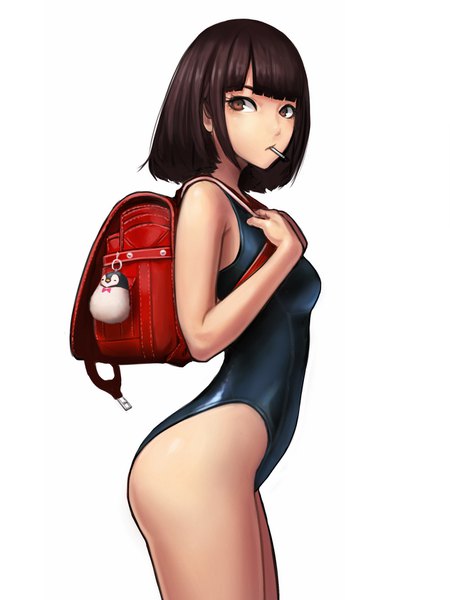 Anime picture 1300x1734 with original jungon single tall image fringe short hair light erotic simple background brown hair standing white background holding brown eyes looking away blunt bangs mouth hold arched back girl swimsuit animal
