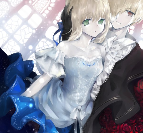 Anime picture 1650x1531 with fate (series) fate/stay night studio deen type-moon artoria pendragon (all) saber gilgamesh (fate) sevten (ashkeroth) short hair blonde hair red eyes bare shoulders green eyes girl dress boy gloves rose (roses) suit