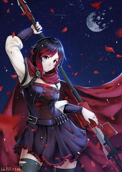 Anime picture 1920x2715 with rwby rooster teeth ruby rose lulu-chan92 single tall image looking at viewer highres breasts black hair smile signed sky red hair long sleeves multicolored hair night zettai ryouiki night sky torn clothes