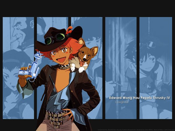 Anime picture 1024x768 with cowboy bebop sunrise (studio) edward wong hau pepelu tivrusky iv ein (cowboy bebop) short hair open mouth red hair open jacket orange eyes wallpaper character names hand on hip goggles on head animal on shoulder blush stickers welsh corgi girl weapon hat animal