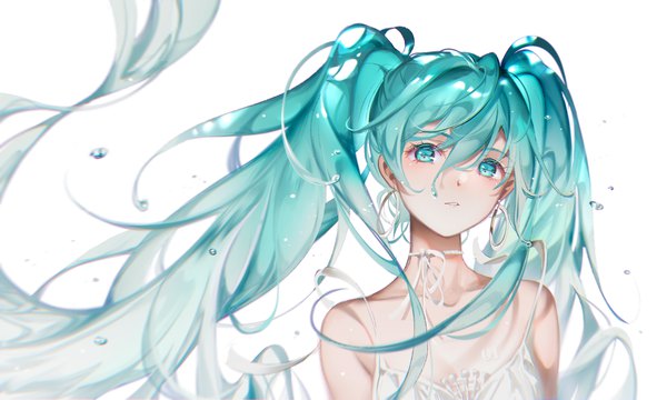 Anime picture 2500x1500 with vocaloid hatsune miku tidsean single long hair looking at viewer fringe highres simple background hair between eyes wide image white background bare shoulders upper body parted lips aqua eyes aqua hair floating hair girl earrings