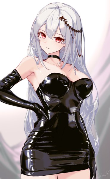 Anime picture 2232x3624 with arknights skadi (arknights) skadi the corrupting heart (arknights) leria v single long hair tall image looking at viewer fringe highres breasts light erotic simple background hair between eyes red eyes large breasts standing payot silver hair head tilt