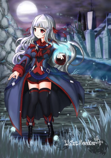 Anime picture 4134x5846 with original wakaura asaho single long hair tall image fringe highres breasts smile red eyes standing looking away absurdres bent knee (knees) head tilt wind inscription night night sky city