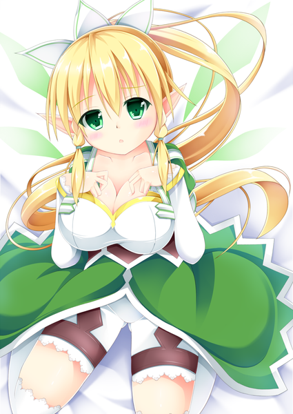 Anime picture 1002x1416 with sword art online a-1 pictures leafa maccha single long hair tall image blush breasts light erotic blonde hair large breasts green eyes ponytail braid (braids) pointy ears twin braids girl thighhighs dress