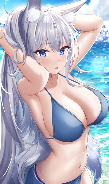 Anime picture 1424x2404 with azur lane shinano (azur lane) jyu-so single long hair tall image looking at viewer blush fringe breasts open mouth blue eyes light erotic hair between eyes large breasts standing animal ears sky cloud (clouds) outdoors