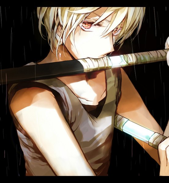 Anime picture 1200x1300 with hunter x hunter kurapica tall image short hair blonde hair red eyes sleeveless mouth hold rain boy earrings sword katana
