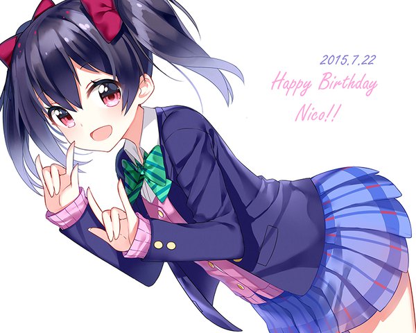 Anime picture 800x640 with love live! school idol project sunrise (studio) love live! yazawa nico gendo0032 single long hair looking at viewer fringe open mouth black hair simple background smile hair between eyes red eyes white background twintails :d dated happy birthday