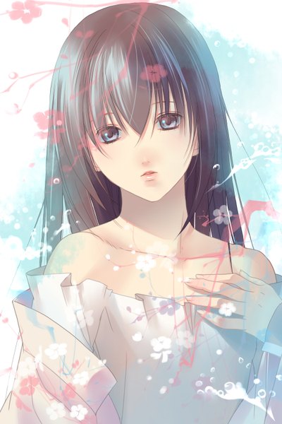 Anime picture 1000x1500 with getbackers studio deen fuuchouin kazuki hirai chika single long hair tall image looking at viewer blue eyes black hair standing bare shoulders long sleeves otoko no ko dress boy flower (flowers) white dress