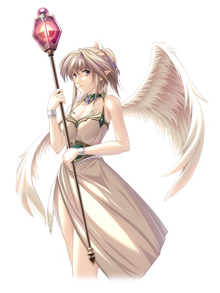 Anime picture 1377x1837 with original soraizumi single tall image short hair simple background blonde hair white background purple eyes bare shoulders pointy ears girl dress wings staff