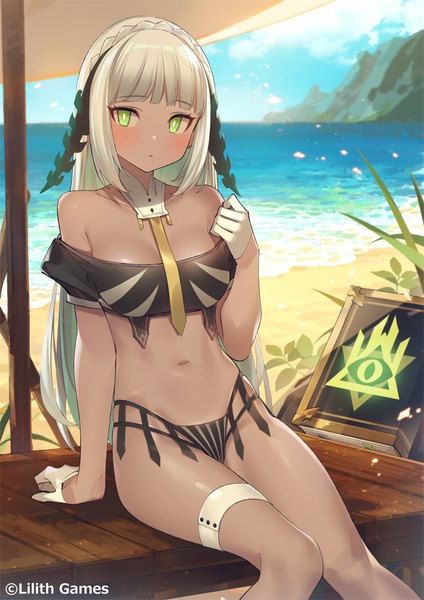 Anime picture 672x950 with afk arena isabella (afk arena) popqn single long hair tall image looking at viewer blush fringe breasts light erotic sitting green eyes payot sky silver hair cloud (clouds) outdoors blunt bangs braid (braids)