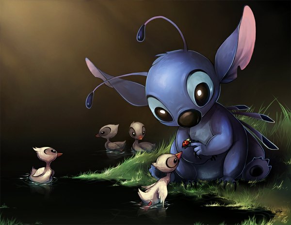 Anime picture 1024x792 with lilo and stitch disney stitch (character) unodu single brown hair looking away sunlight otoko no ko plant (plants) animal water bird (birds) grass duck ladybug
