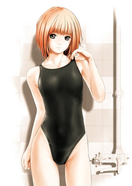 Anime picture 1753x2480 with original kirin404 single tall image highres short hair black eyes orange hair girl swimsuit wall