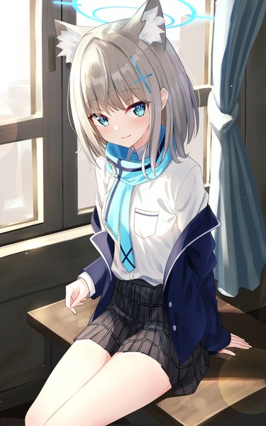 Anime picture 2485x3976 with blue archive shiroko (blue archive) cpk prd single tall image looking at viewer fringe highres short hair blue eyes sitting animal ears grey hair off shoulder arm support girl skirt uniform school uniform miniskirt