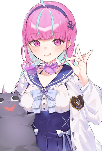 Anime picture 689x1020 with virtual youtuber hololive minato aqua minato aqua (sailor) neko (minato aqua) pomesaurus single long hair tall image looking at viewer blush fringe simple background smile standing white background purple eyes holding payot blue hair