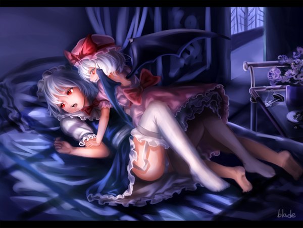 Anime picture 2461x1850 with touhou remilia scarlet izayoi sakuya qblade (artist) highres short hair open mouth light erotic red eyes multiple girls white hair barefoot bat wings girl thighhighs dress 2 girls white thighhighs wings bed