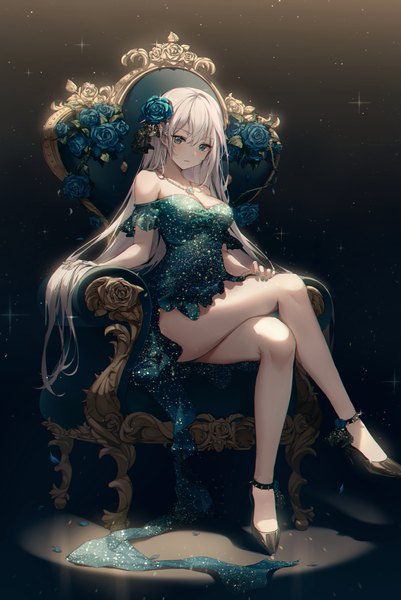 Anime picture 2000x2996 with original ttosom single long hair tall image looking at viewer fringe highres breasts light erotic simple background hair between eyes sitting cleavage silver hair full body bent knee (knees) nail polish hair flower aqua eyes