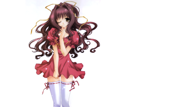Anime picture 2560x1600 with kimizuka aoi single long hair looking at viewer highres simple background brown hair wide image white background brown eyes one eye closed third-party edit hand to mouth curly hair extended girl thighhighs dress ribbon (ribbons) hair ribbon
