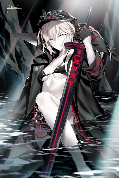 Anime picture 666x1000 with fate (series) fate/grand order artoria pendragon (all) artoria pendragon (alter swimsuit rider) (fate) kousaki rui single tall image looking at viewer fringe short hair breasts light erotic blonde hair hair between eyes sitting holding signed yellow eyes bent knee (knees) open clothes