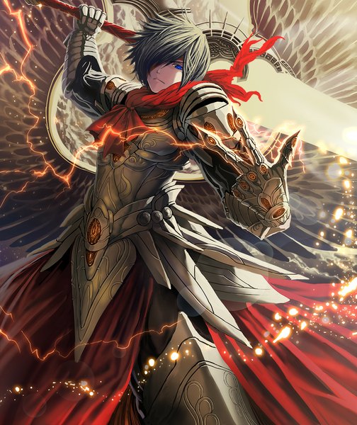 Anime picture 840x1000 with original tech chimera single tall image fringe short hair blue eyes hair over one eye glowing fighting stance serious lightning glowing weapon knight boy weapon sword wings boots armor