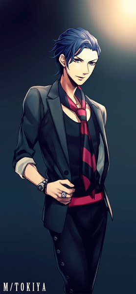 Anime picture 522x1123 with uta no prince-sama a-1 pictures ichinose tokiya teinpomu single tall image short hair standing purple eyes blue hair alternate costume character names dark background alternate hairstyle twisty sleeves boy necktie ring t-shirt clock